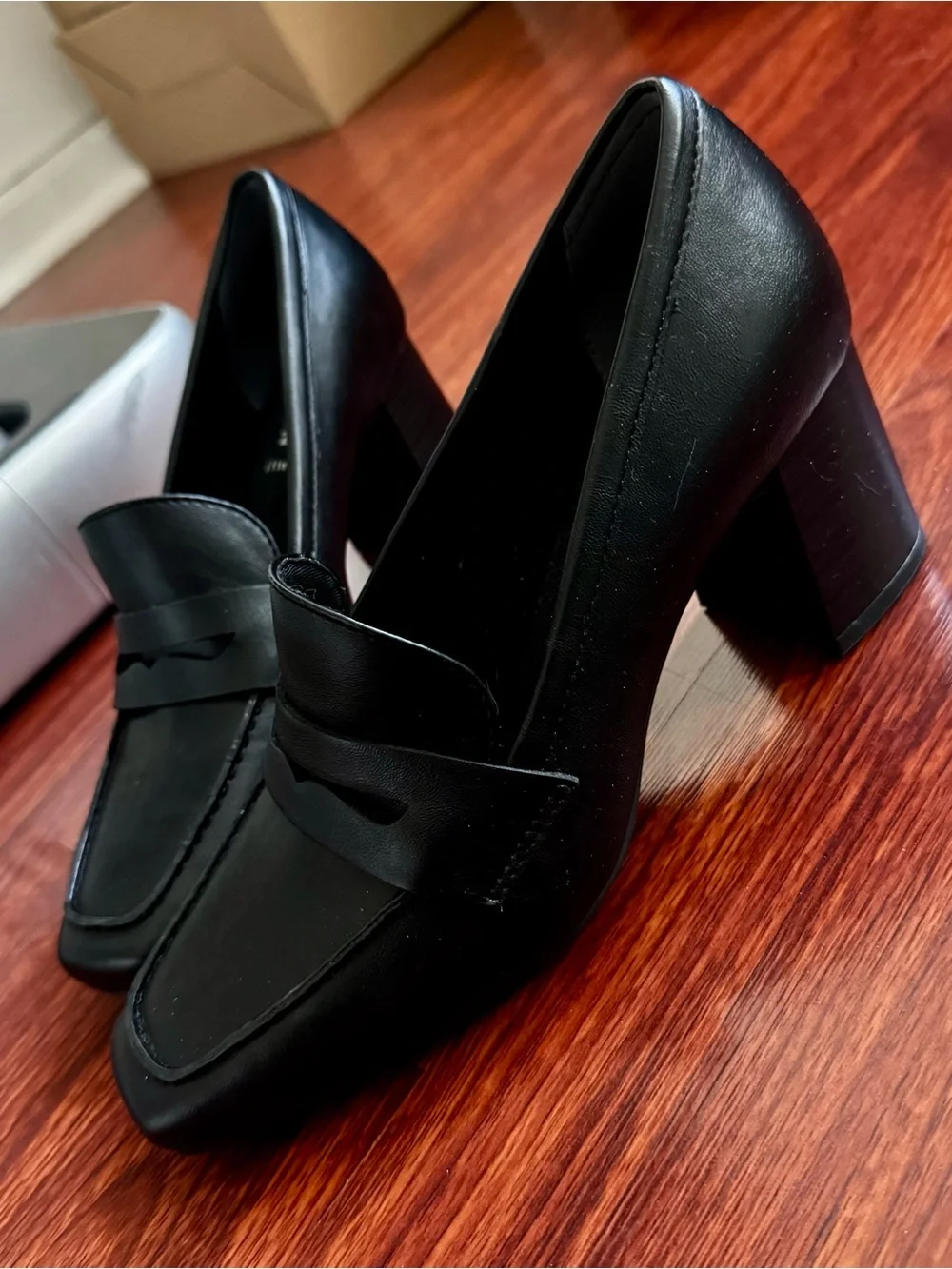 Anne Klein Black Leather Heeled Penny Loafers